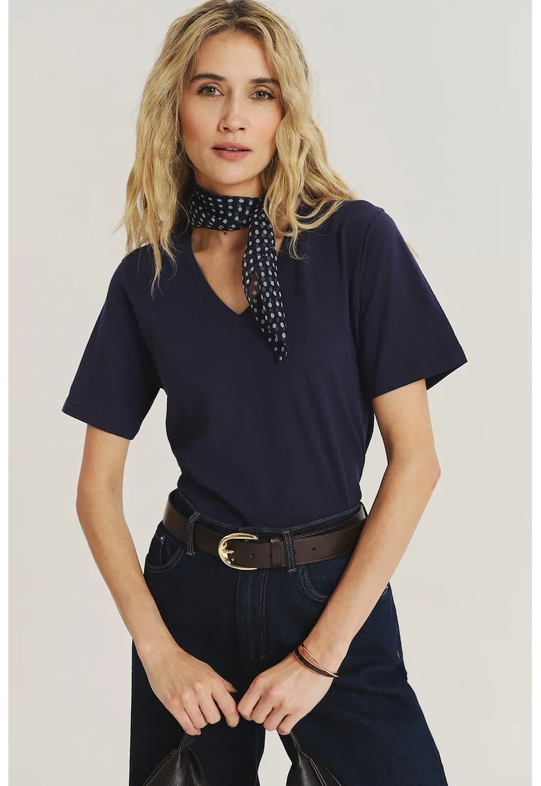 Tricou din bumbac cu decolteu in V, Albastru ultramarin