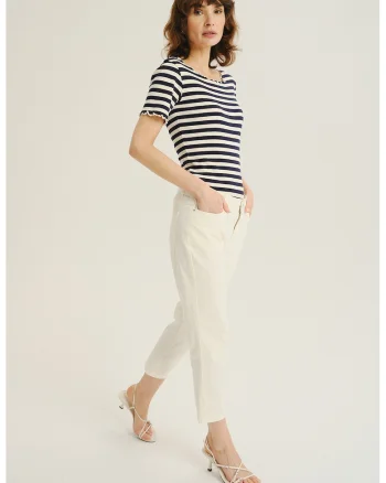 Pantaloni crop cu talie inalta, Alb fildes