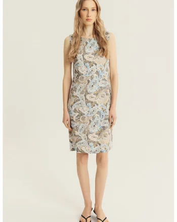 Rochie cu croiala dreapta si imprimeu floral, Albastru deschis/Galben mustar/Gri marmorat