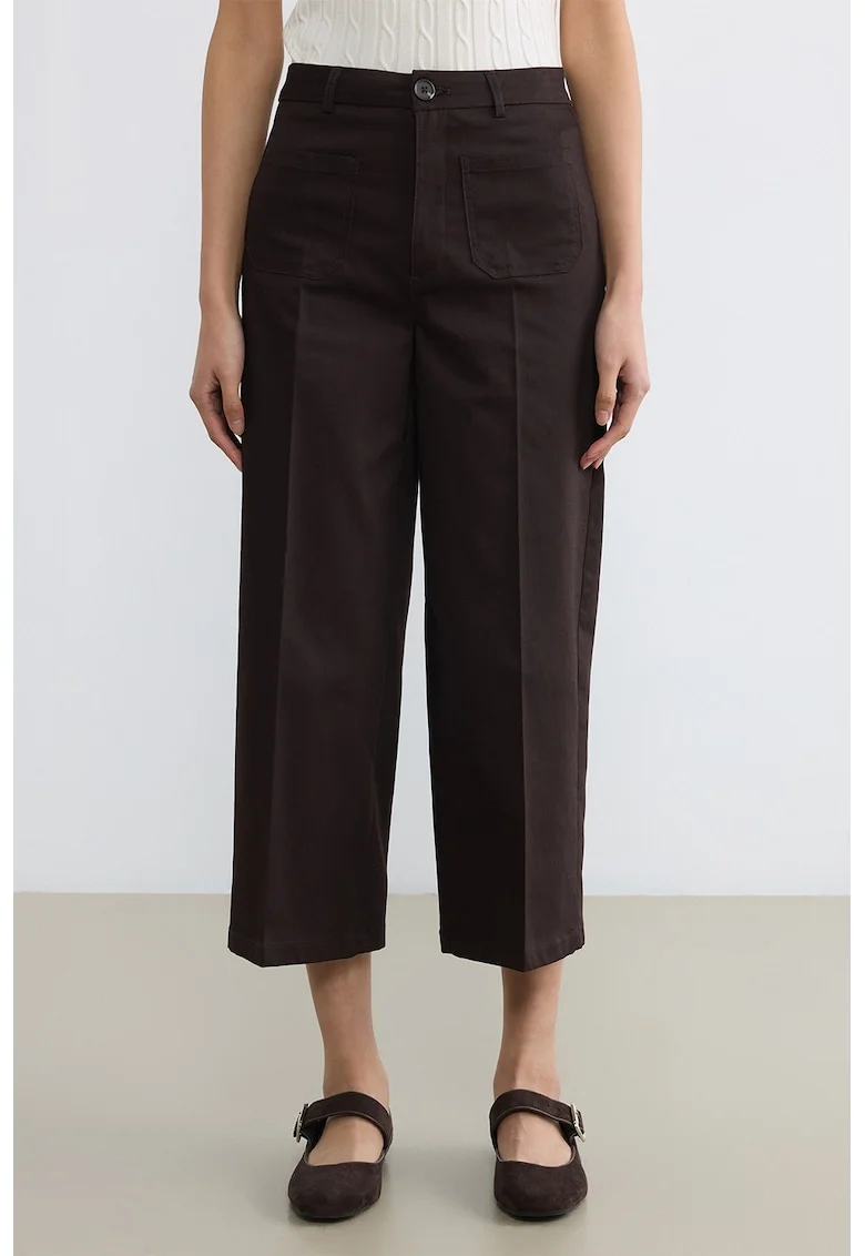 Pantaloni crop cu croiala ampla, Maro pamantiu