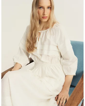 Rochie midi cu decolteu rotund, Alb murdar