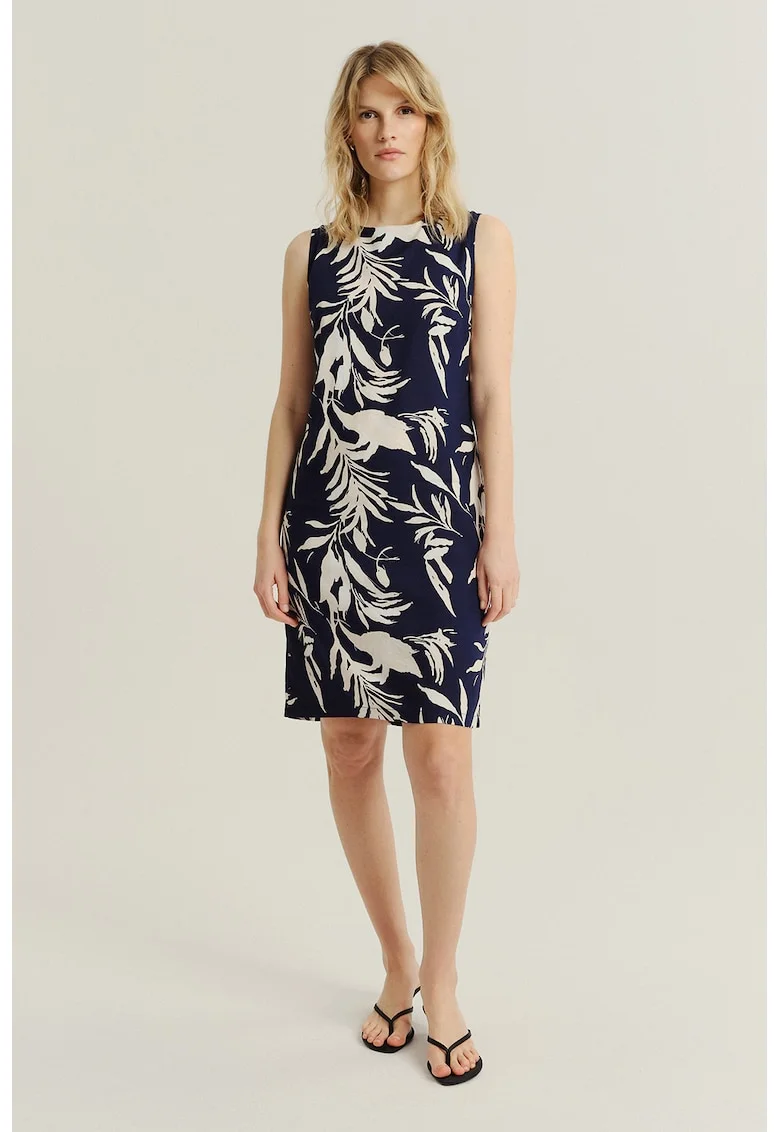 Rochie cu croiala dreapta si imprimeu floral, Alb fildes/Albastru ultramarin