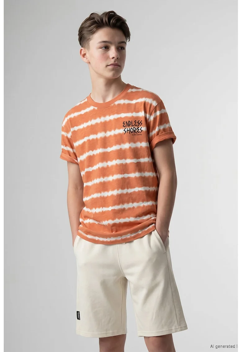Tricou de bumbac cu model tie dye, Portocaliu/Alb murdar
