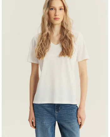 Tricou din bumbac cu decolteu in V, Alb