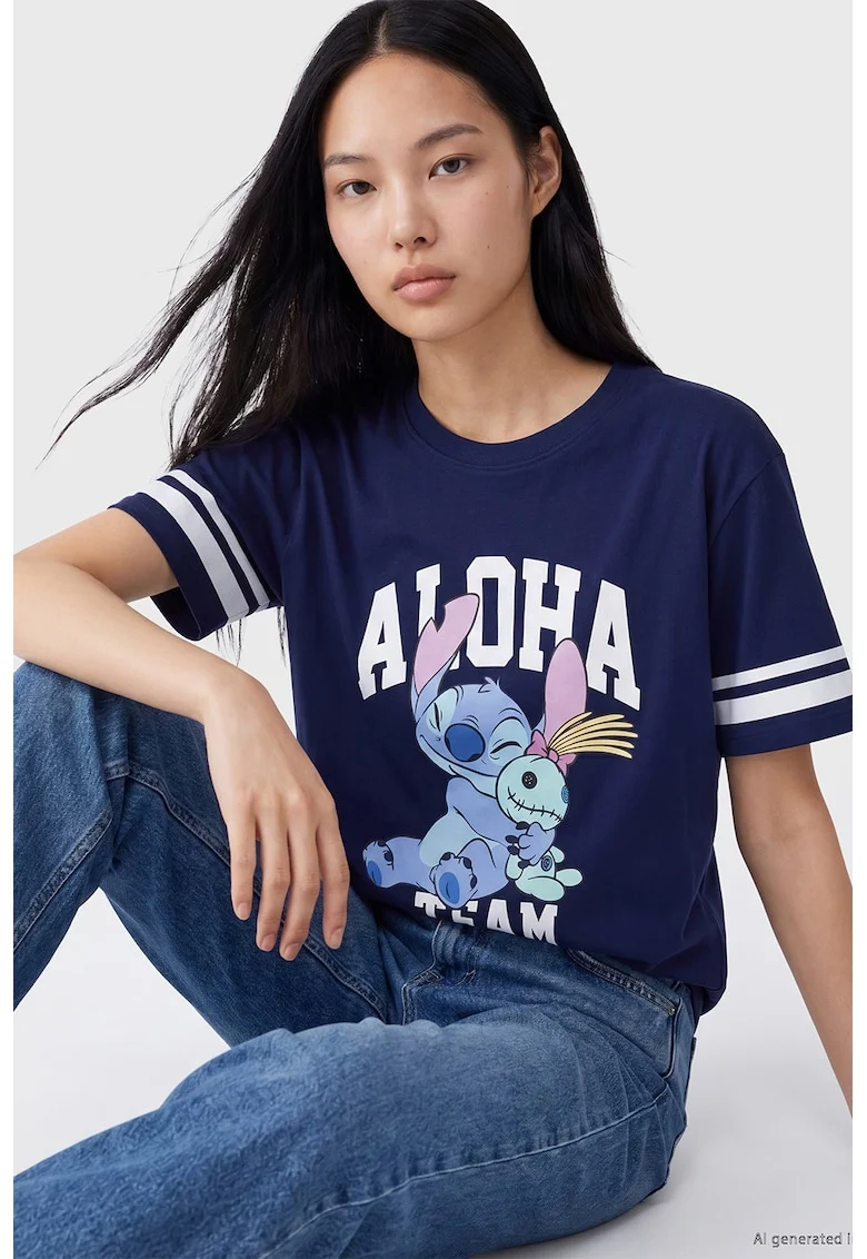 Tricou de bumbac cu Stitch, Albastru royal/Alb optic