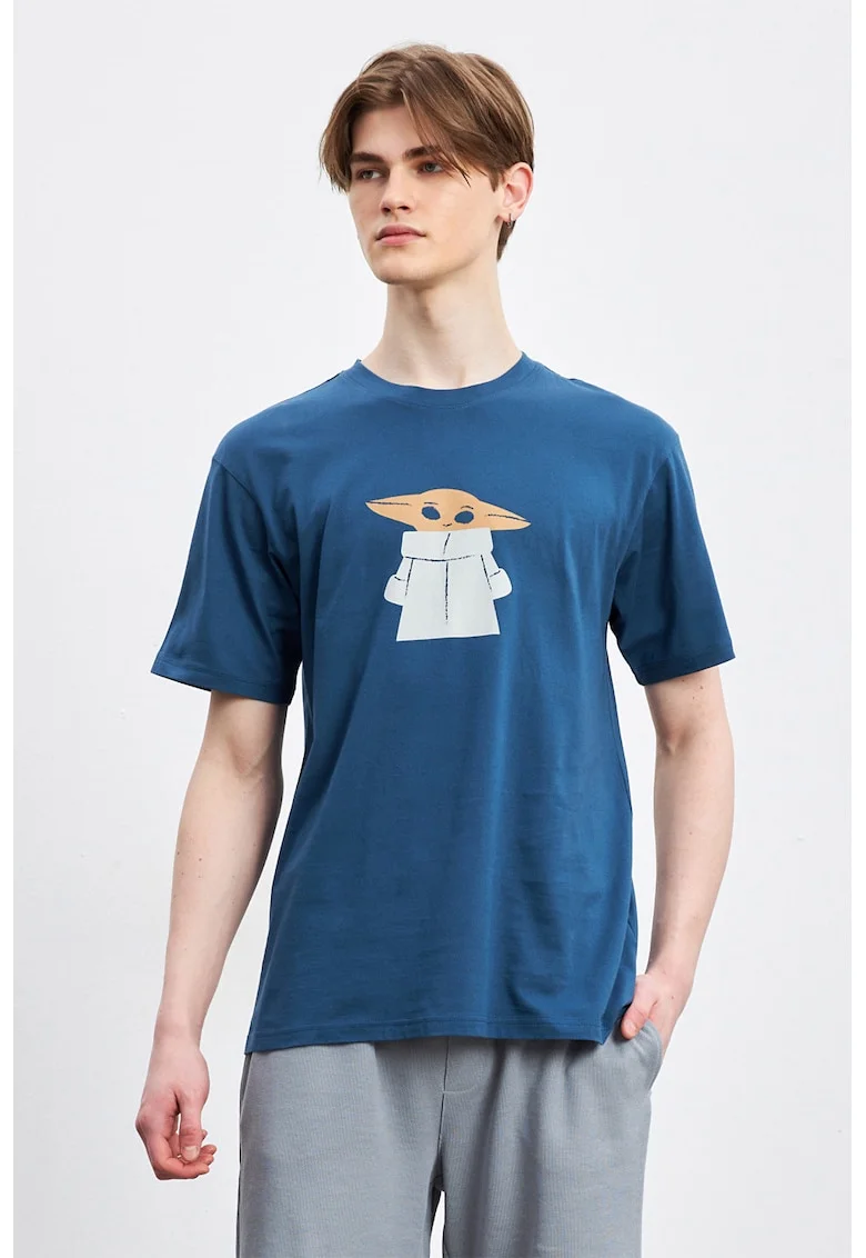Tricou de bumbac cu imprimeu, Albastru inchis/Alb optic