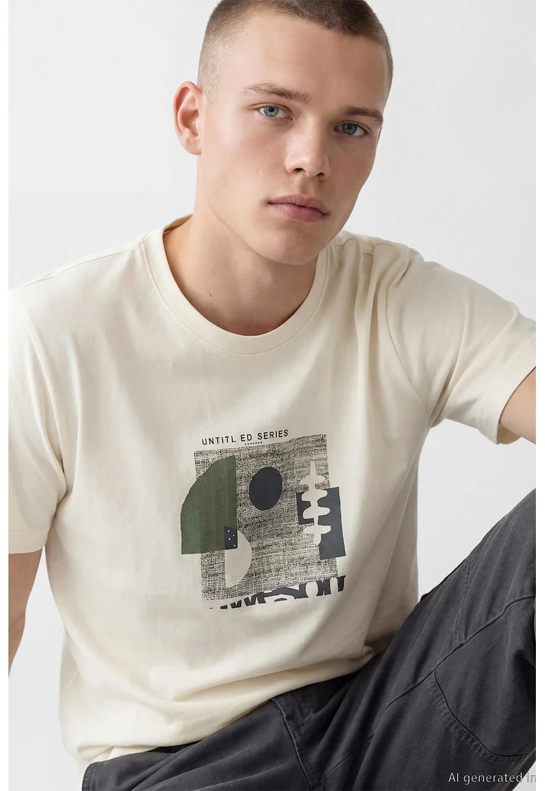 Tricou cu decolteu la baza gatului si imprimeu grafic, Alb murdar