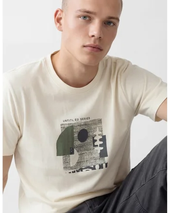 Tricou cu decolteu la baza gatului si imprimeu grafic, Alb murdar