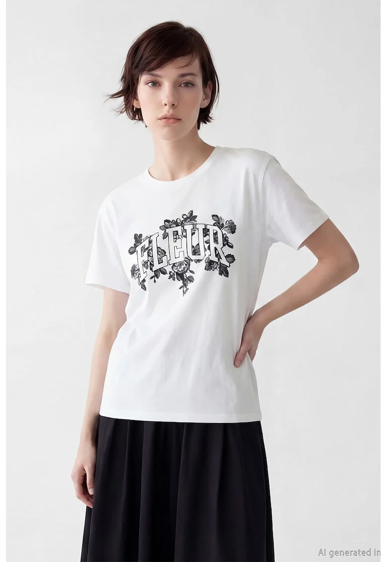 Tricou cu design grafic, Alb optic