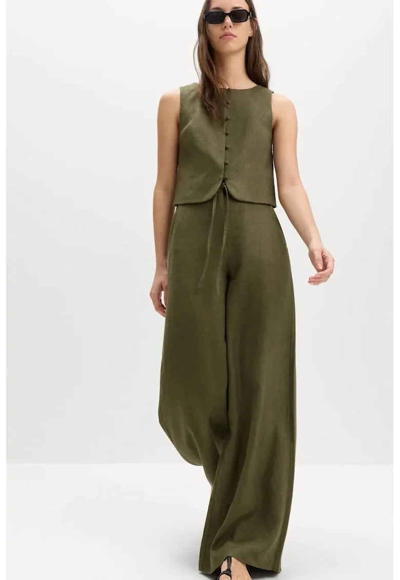 Pantaloni palazzo din amestec de in, Verde masliniu inchis