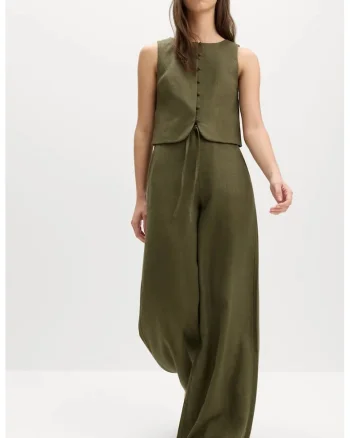 Pantaloni palazzo din amestec de in, Verde masliniu inchis