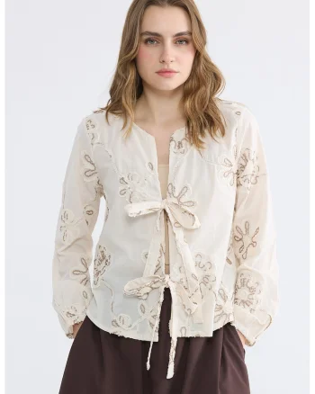 Bluza tunica cu broderie si prindere frontala, Alb murdar