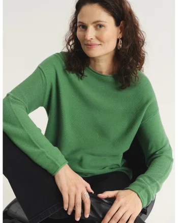 Pulover cu model uni si decolteu barcuta, Verde iarba