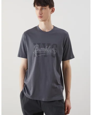 Tricou de bumbac cu imprimeu text, Gri inchis