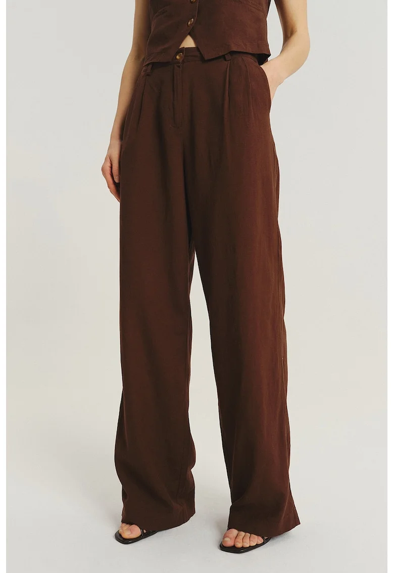 Pantaloni din amestec de in cu croiala ampla, Maro inchis