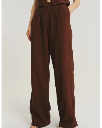 Pantaloni din amestec de in cu croiala ampla, Maro inchis