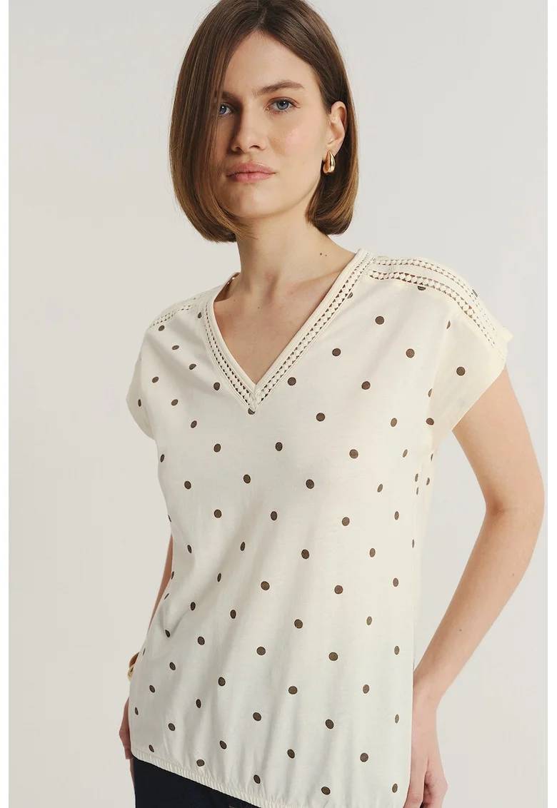 Tricou din amestec de modal cu decolteu in V, Alb fildes/Maro cafeniu