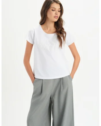 Tricou din bumbac cu model cu broderie, Alb optic