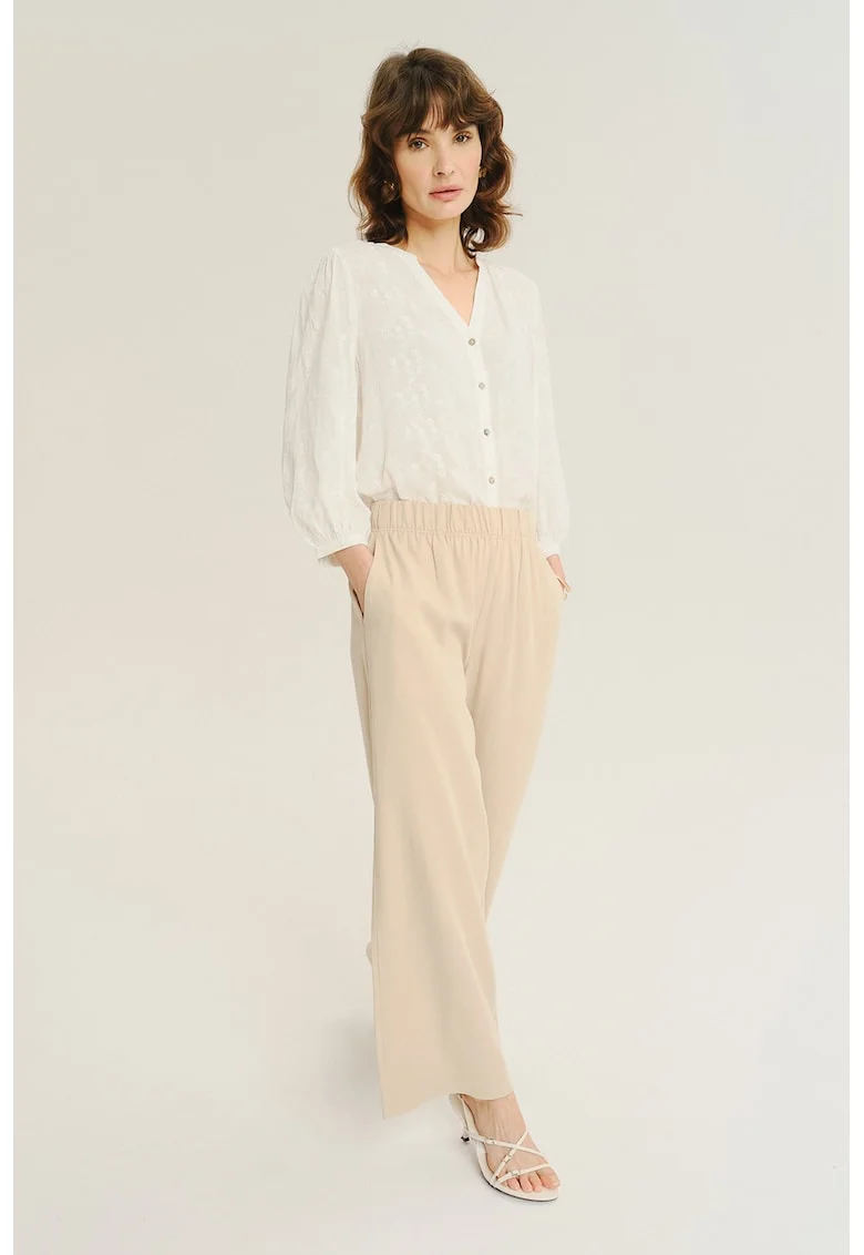 Pantaloni din lyocell cu croiala ampla si talie elastica, Crem