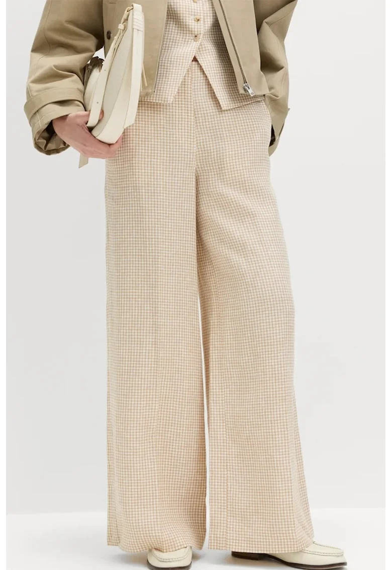 Pantaloni de in cu model gingham, Bej