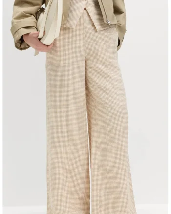 Pantaloni de in cu model gingham, Bej