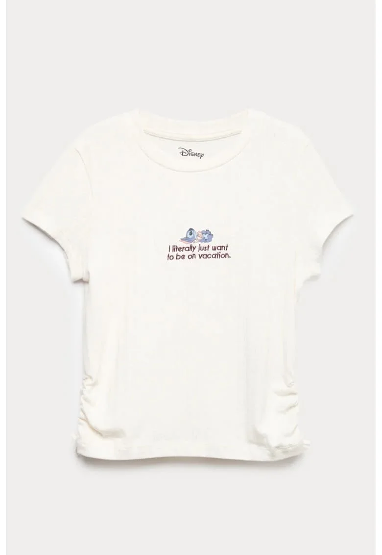 Tricou cu decolteu la baza gatului cu imprimeu Stitch, Alb murdar