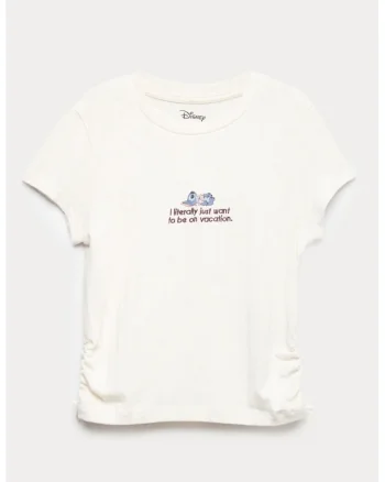 Tricou cu decolteu la baza gatului cu imprimeu Stitch, Alb murdar