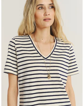 Tricou din bumbac cu decolteu in V, Albastru ultramarin/Alb murdar