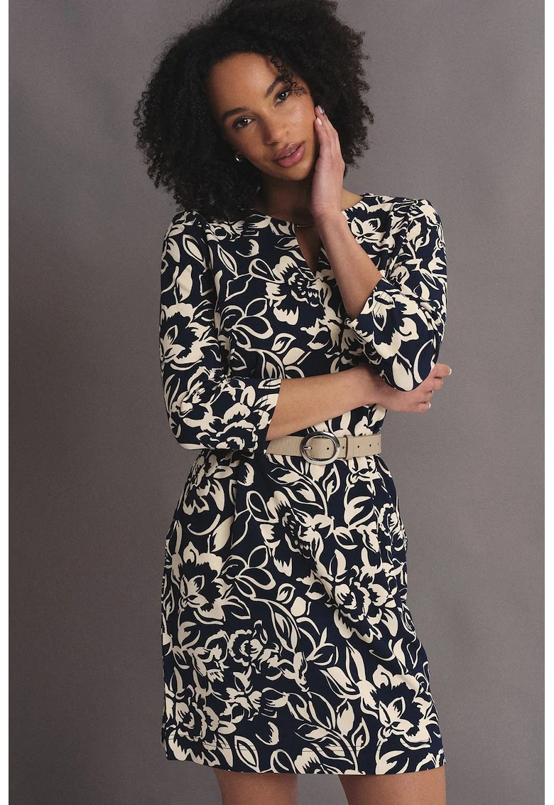 Rochie scurta cu maneci trei sferturi, Alb fildes/Bleumarin