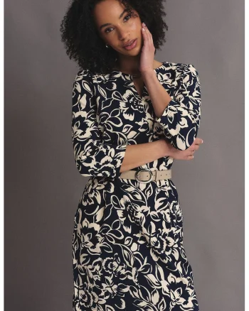Rochie scurta cu maneci trei sferturi, Alb fildes/Bleumarin