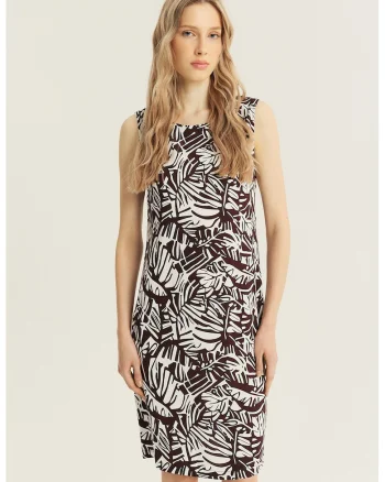 Rochie cu croiala dreapta si imprimeu floral, Maro cognac/Alb optic