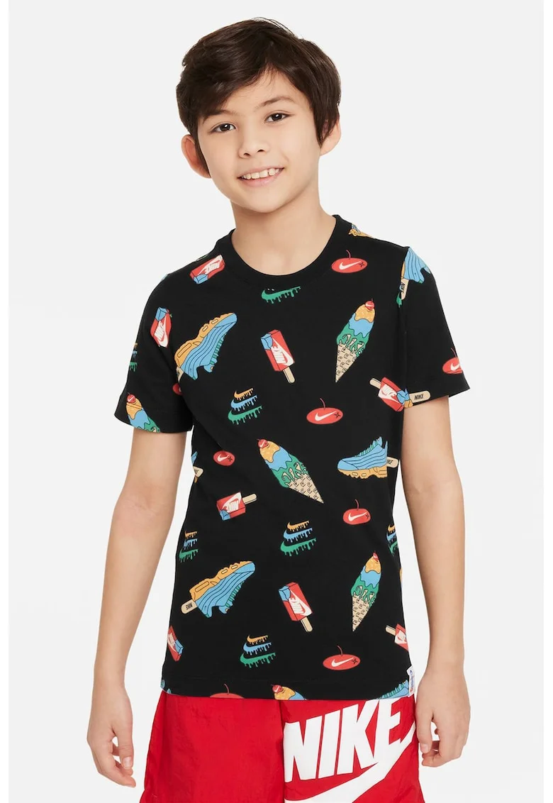 Tricou cu model si decolteu la baza gatului, Negru/Multicolor