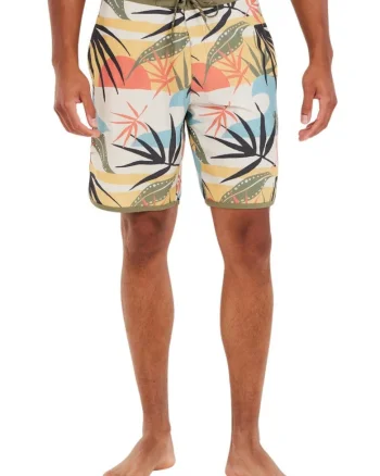 Pantaloni scurti de baie cu imprimeu tropical si talie medie