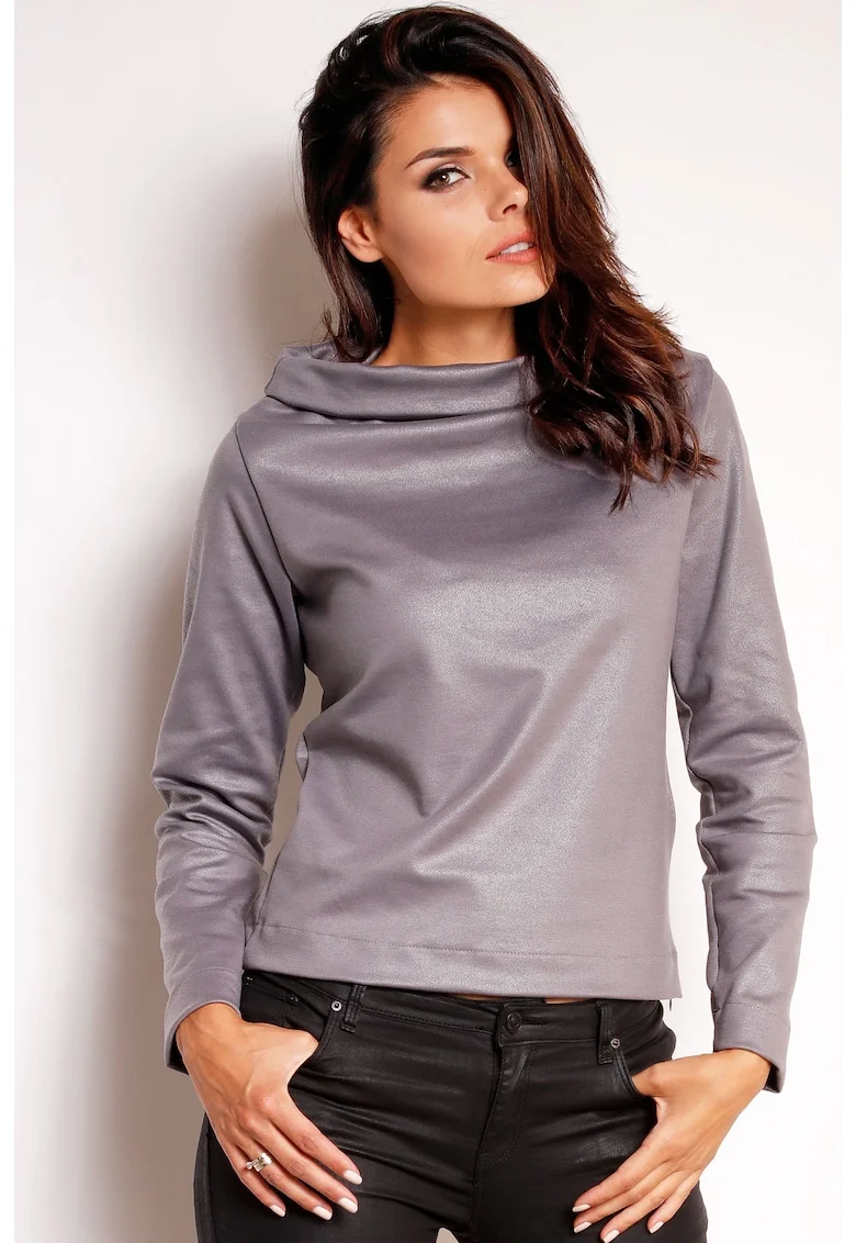 Bluza casual cu guler inalt si maneci lungi din tricot lucios,, Gri