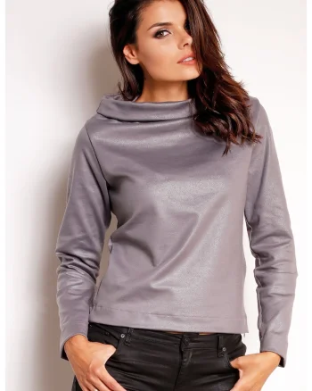 Bluza casual cu guler inalt si maneci lungi din tricot lucios,, Gri