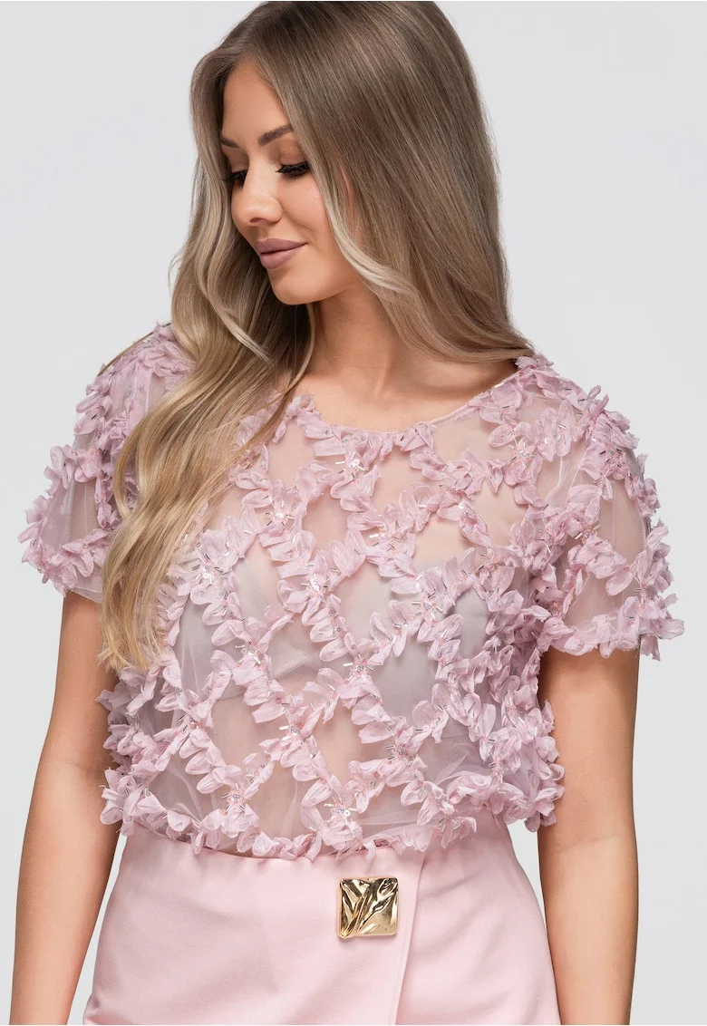 Bluza dama scurta cu aplicatii florale si decolteu rotund OW-TS-E0062, Roz