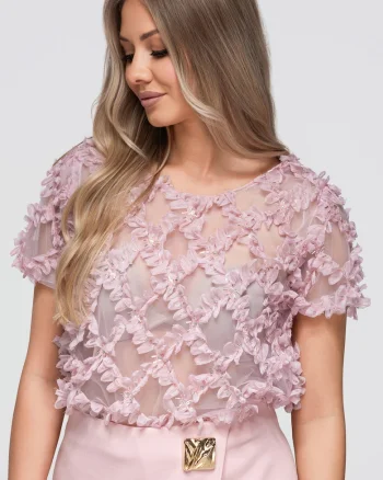 Bluza dama scurta cu aplicatii florale si decolteu rotund OW-TS-E0062, Roz