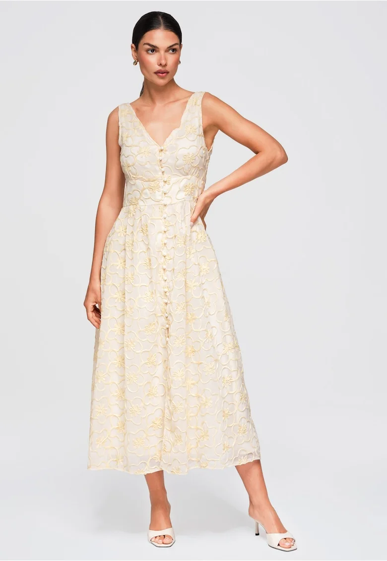 Rochie midi rozkloszata cu decolteu in V si broderie florala OW-DLR-E0015, Bej