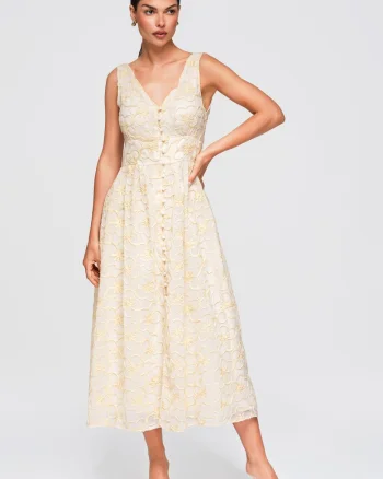 Rochie midi rozkloszata cu decolteu in V si broderie florala OW-DLR-E0015, Bej