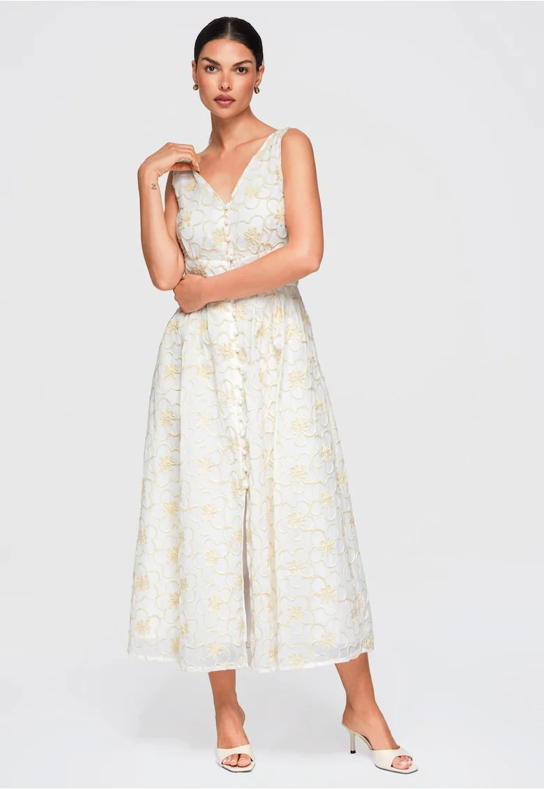 Rochie midi rozkloszata cu decolteu in V si broderie florala OW-DLR-E0015, Alb