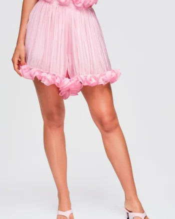 Pantaloni scurti dama cu talie inalta si volane, croi lejer OW-ST-E0021, Roz