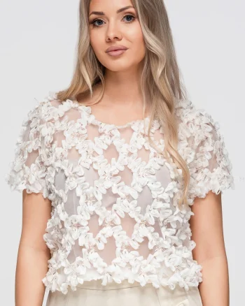 Bluza dama scurta cu aplicatii florale si decolteu rotund OW-TS-E0062, Bej