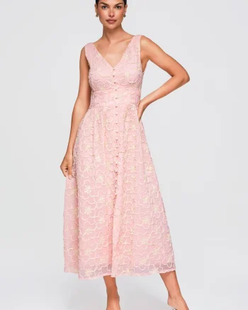 Rochie midi rozkloszata cu decolteu in V si broderie florala OW-DLR-E0015, Roz