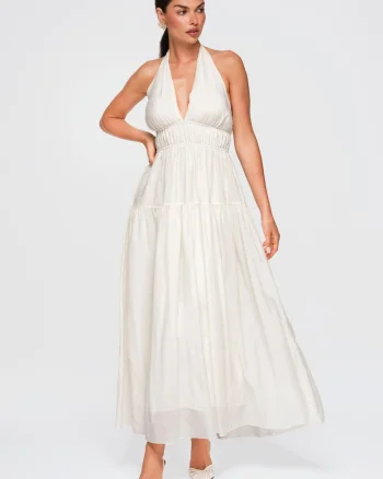 Rochie maxi eleganta cu decolteu in V si spate descoperit OW-DLR-E0001, Ecru