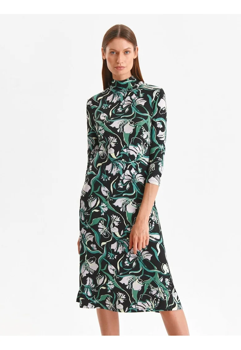 Rochie din viscoza cu maneci trei sferturi si model floral