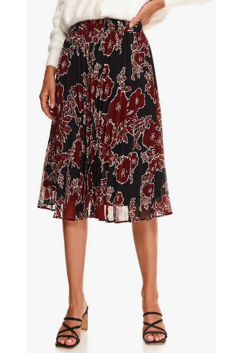 Fusta midi cu pliuri si model floral,