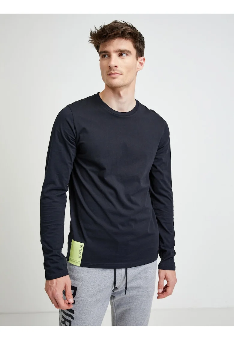 Bluza din bumbac cu model uni si decolteu la baza gatului