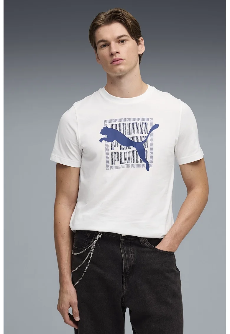 Tricou din bumbac cu imprimeu logo, Alb/Bleumarin