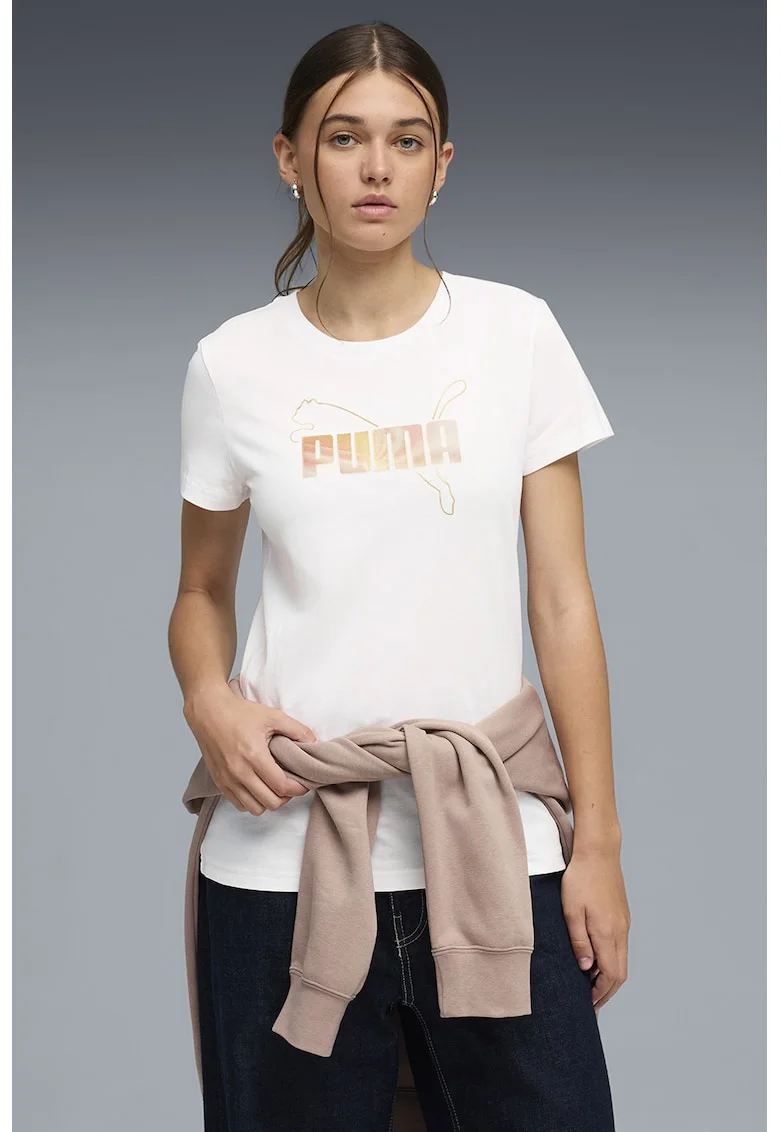 Tricou cu decolteu rotund si logo Essentials, Alb/Galben