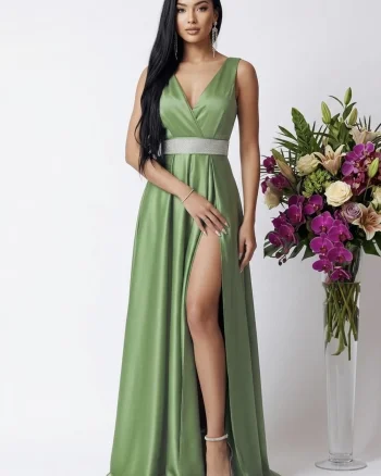 Rochie eleganta din tafta fistic cu slit pe picior si decolteu in V